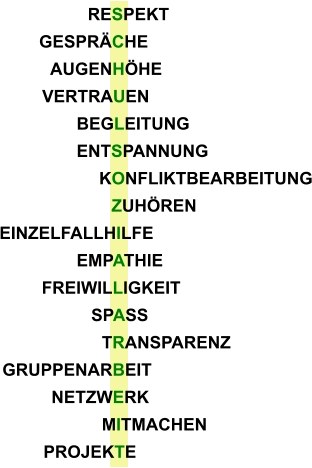 NETZWERK MITMACHEN GRUPPENARBEIT TRANSPARENZ SPASS FREIWILLIGKEIT EMPATHIE EINZELFALLHILFE ZUHÖREN KONFLIKTBEARBEITUNG ENTSPANNUNG BEGLEITUNG VERTRAUEN AUGENHÖHE GESPRÄCHE RESPEKT PROJEKTE