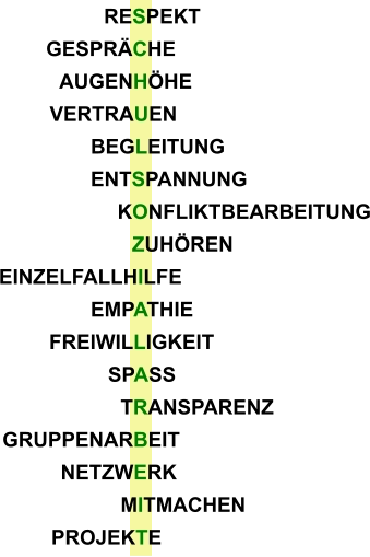 NETZWERK MITMACHEN GRUPPENARBEIT TRANSPARENZ SPASS FREIWILLIGKEIT EMPATHIE EINZELFALLHILFE ZUHÖREN KONFLIKTBEARBEITUNG ENTSPANNUNG BEGLEITUNG VERTRAUEN AUGENHÖHE GESPRÄCHE RESPEKT PROJEKTE